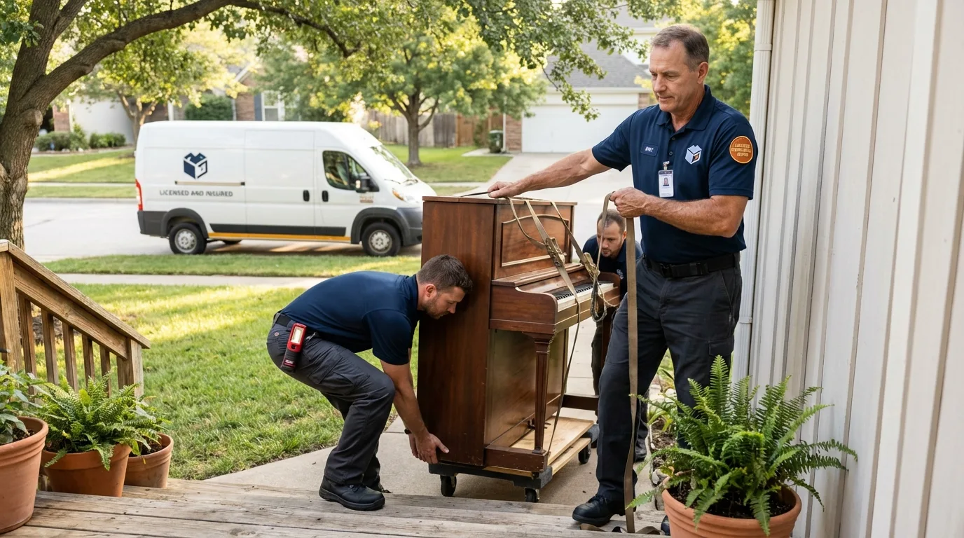 Licensed piano movers securing grand piano in Augusta, WI