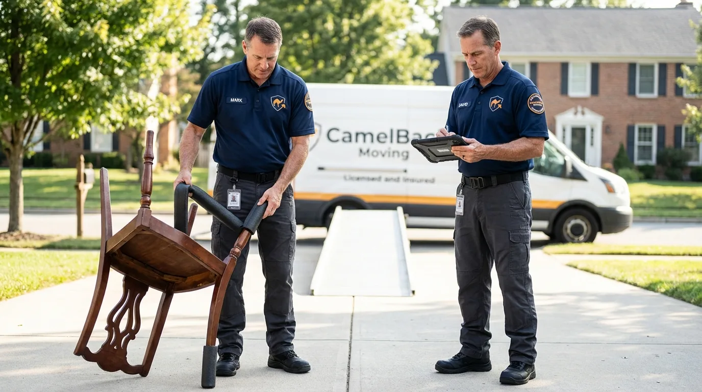 Movers inspecting furniture for damage prevention before loading in Augusta, WI