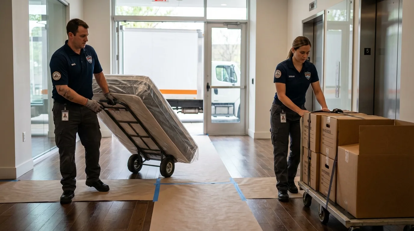 Professional apartment movers loading elevator in Augusta, WI
