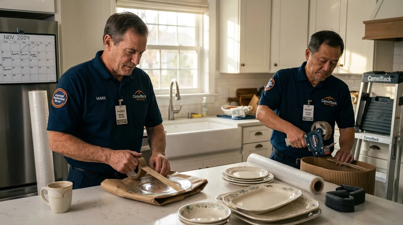 Professional crew packing kitchen dishware in Augusta, WI